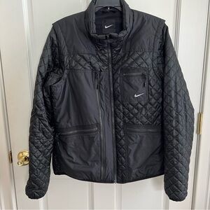 Womens Black NIKE Layered Look Quilted Jacket Lots of Pockets Size XL